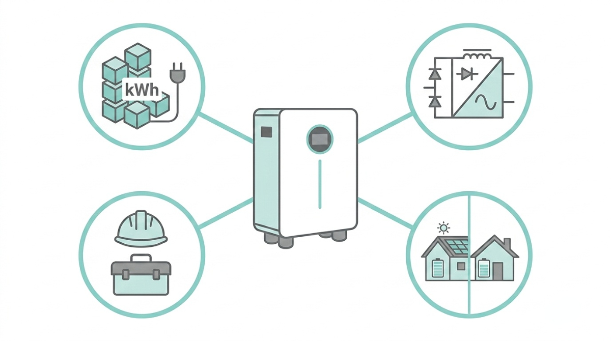 Altmodisch: Infografik, die vier Kostenfaktoren für die Installation von Heimbatterien im Jahr 2026 zeigt: Batteriekapazität, Wechselrichtertyp, lokale Arbeitskräfte und neues vs. Nachrüstsystem.