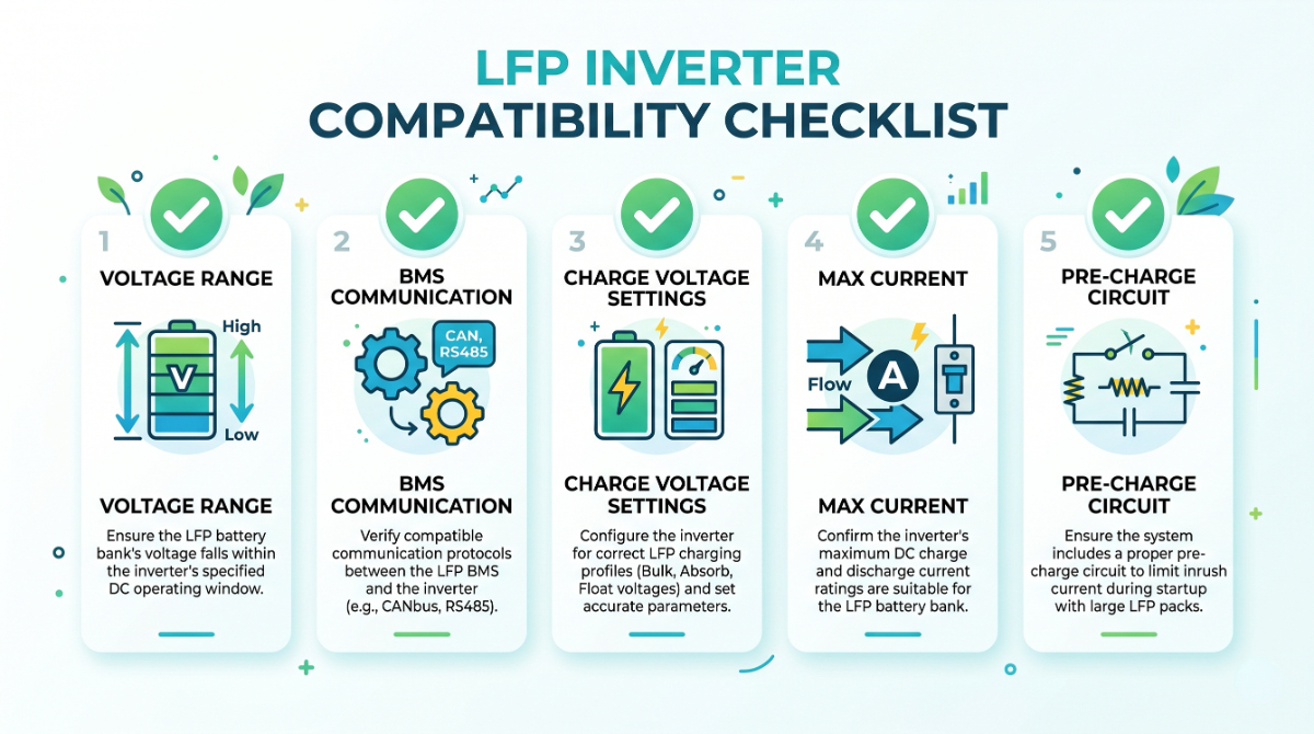 Infographic checklist: voltage, BMS comms, charge profile, current rating, pre-charge. Clean flat style.