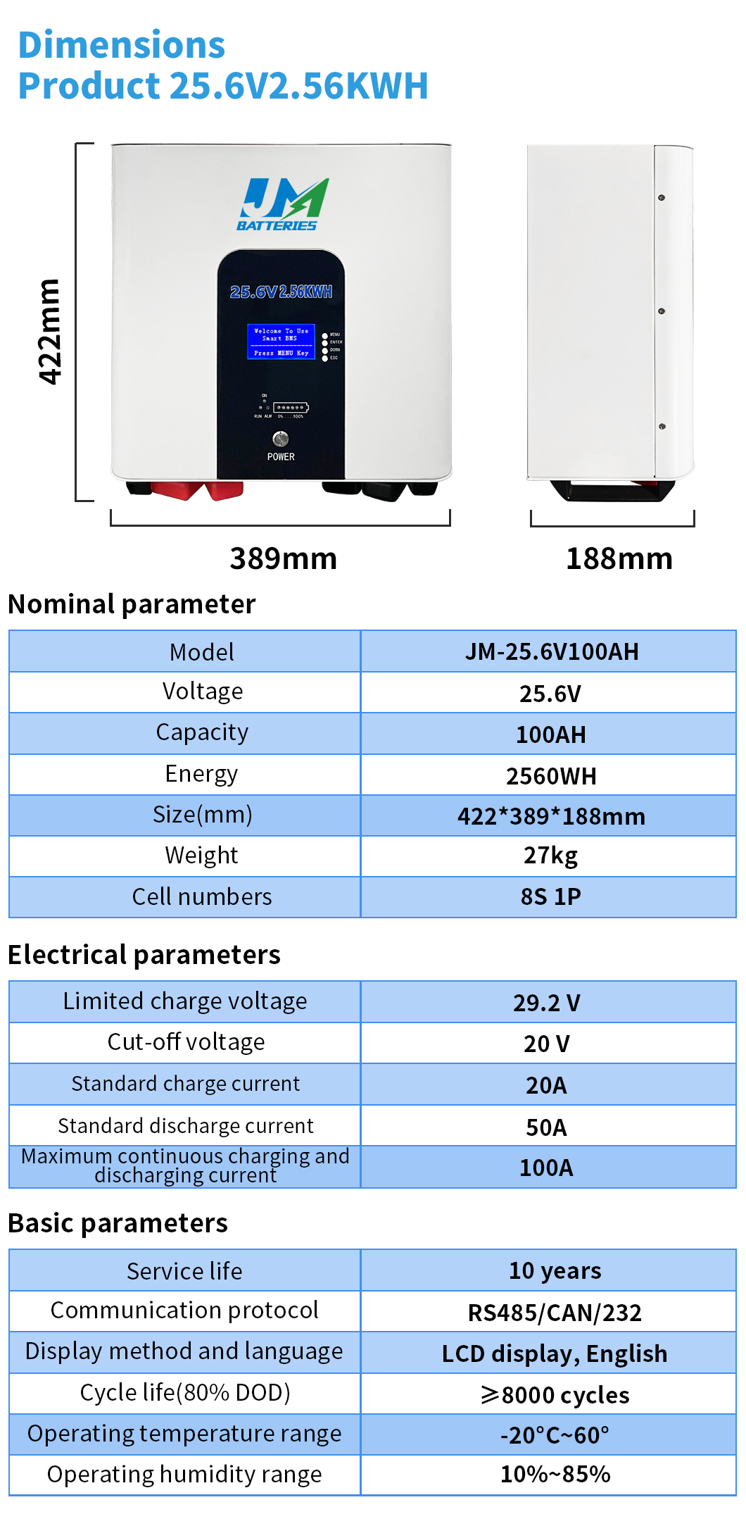 2.56kWh wall-mounted BESS battery