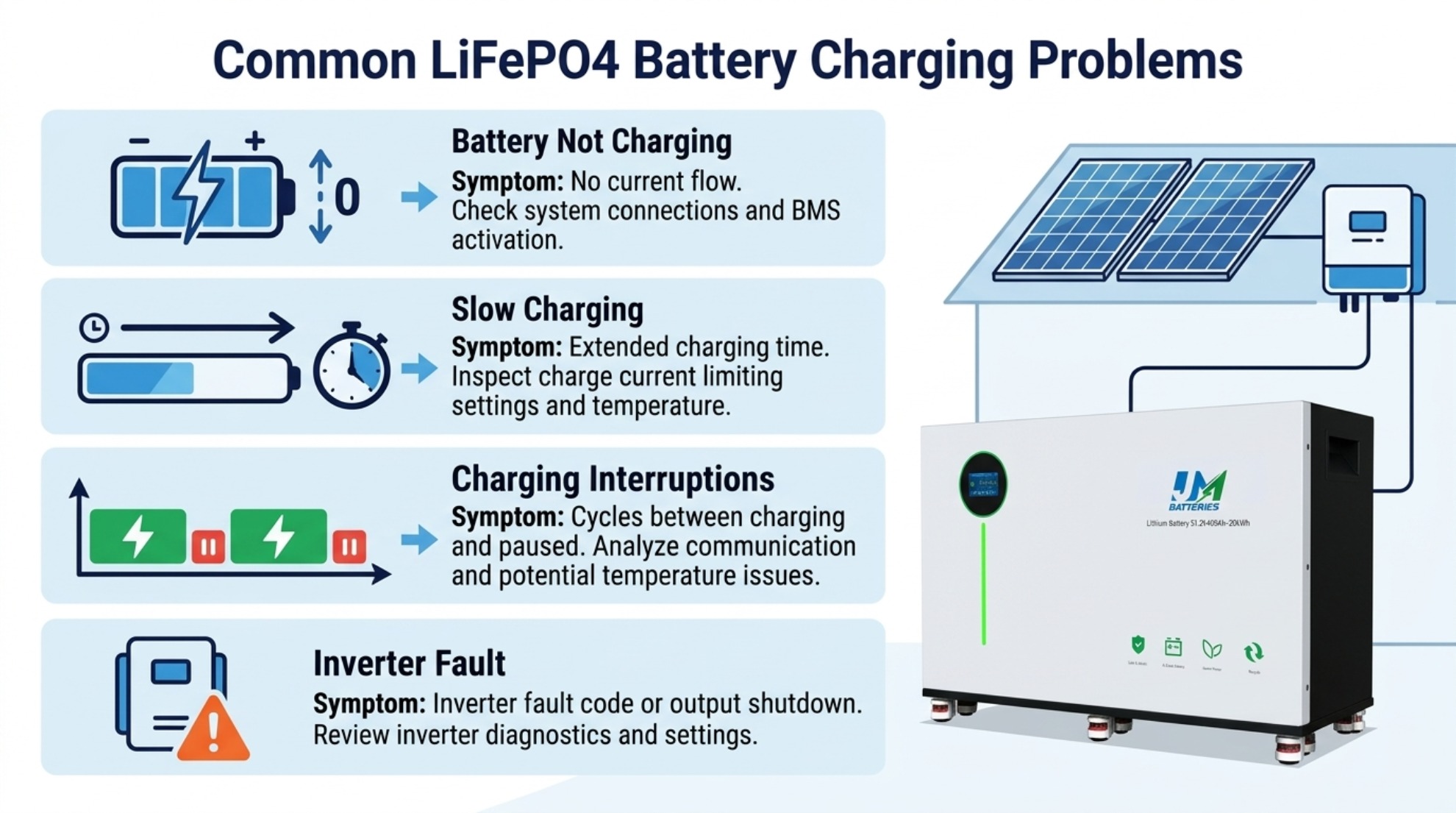 Häufige Probleme beim Laden von LiFePO4-Batterien, einschließlich fehlendem Laden, langsamem Laden, Ladeunterbrechungen und Wechselrichterfehlern