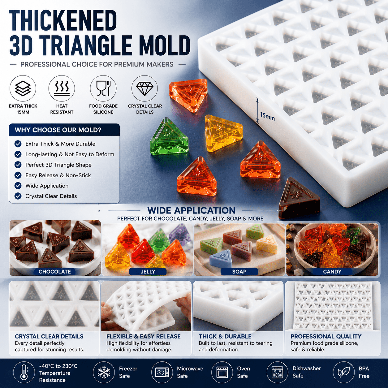 RenShan adopts integrated precision molding process to ensure each triangle cavity has consistent dimensions, sharp edges and smooth demolding, fully meeting the needs of standardized batch production for both food and craft industries.