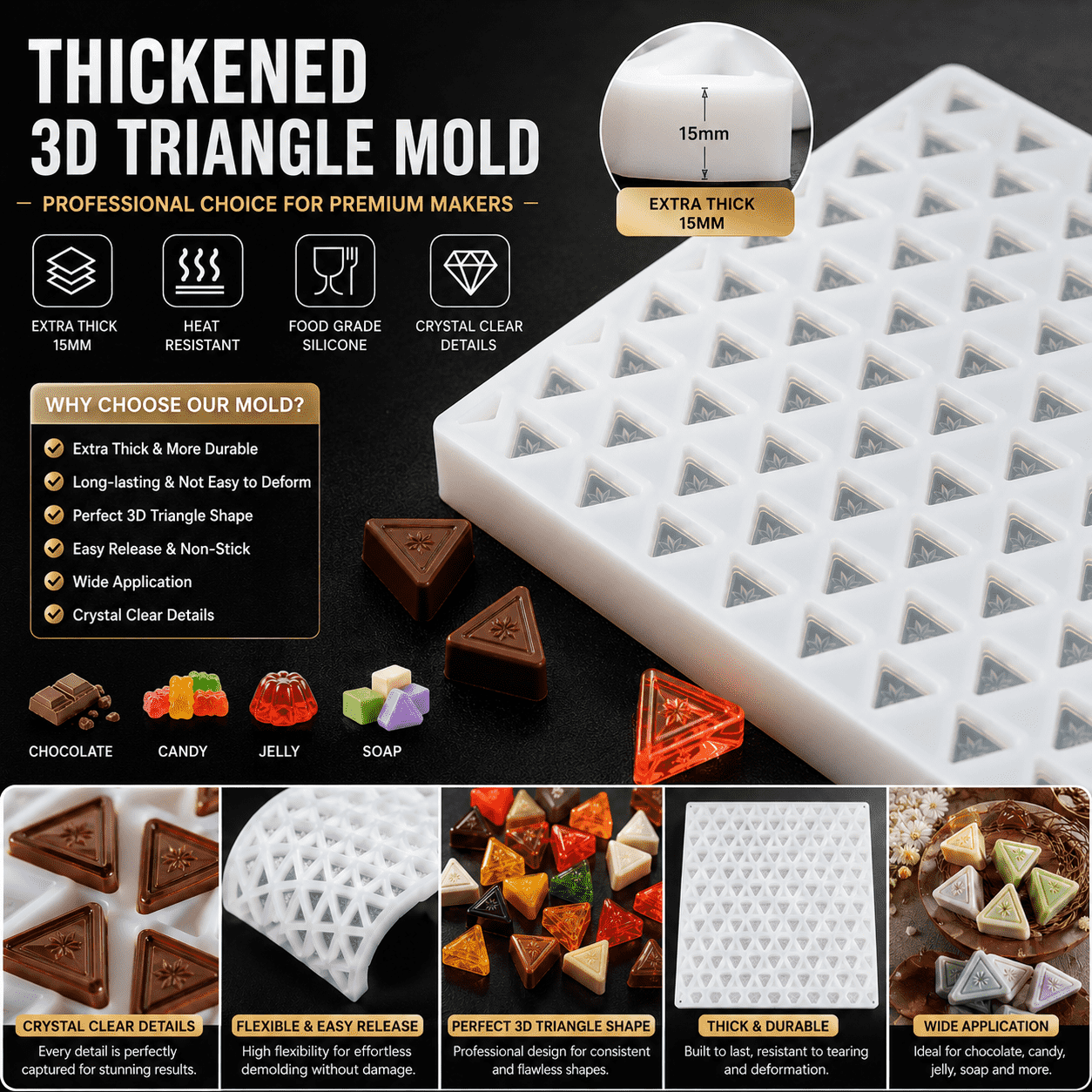RenShan fabrica moldes triangulares de silicona de precisión con bordes nítidos y un rendimiento de desmolde constante, para que cada pieza terminada salga con un acabado profesional de galería.