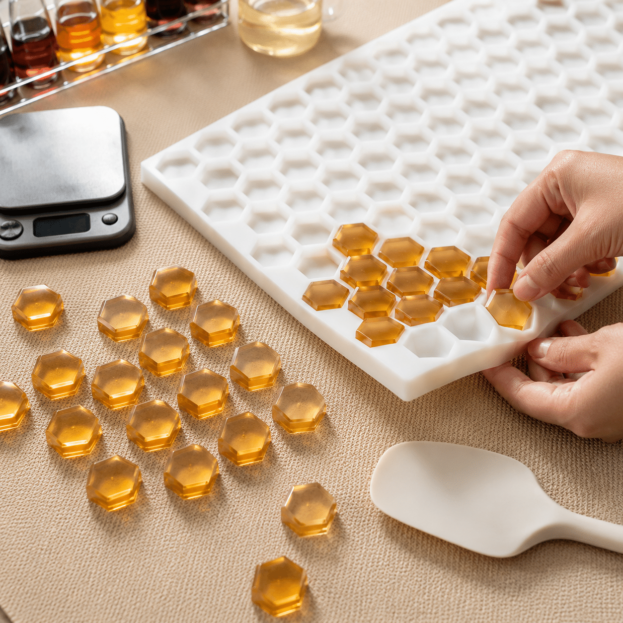 Ya sea que vendas posavasos de resina, jabón artesanal o pastillas de caramelo funcionales, un diseño hexagonal uniforme construye una identidad visual unificada de marca, fomentando compras repetidas y compartidos en redes sociales por parte de los compradores.
