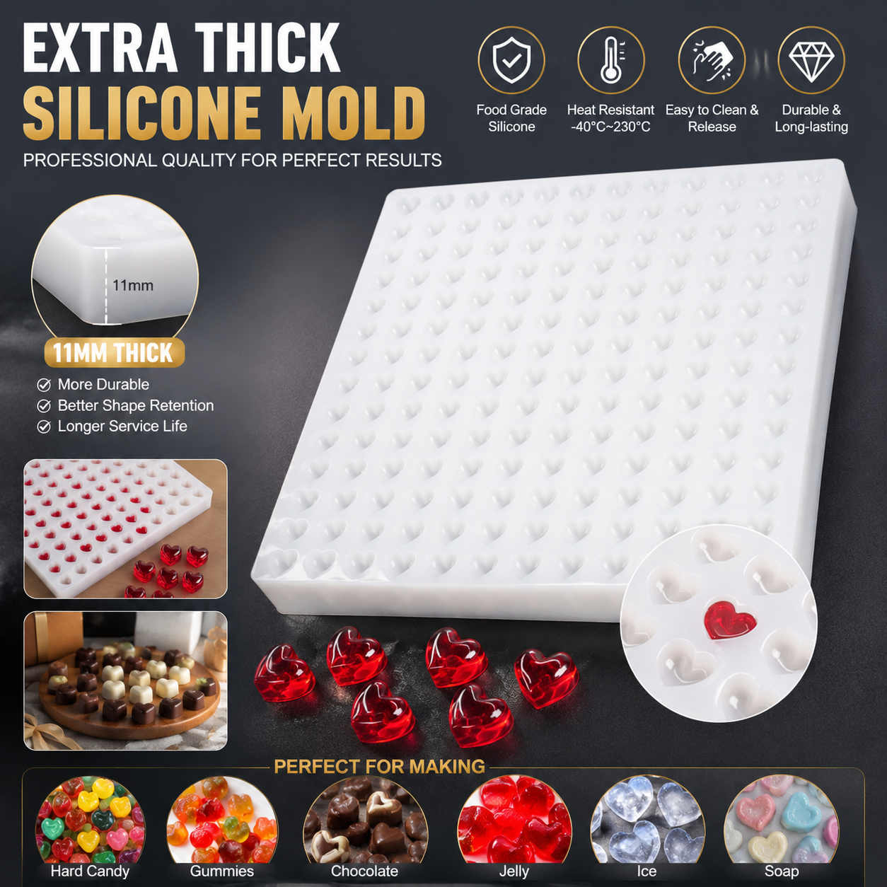 Our food safe platinum silicone heart molds adopt medical level platinum curing formula solving cross color odor shrinkage problems suitable for long term mass production of edible desserts and handmade decorative crafts.