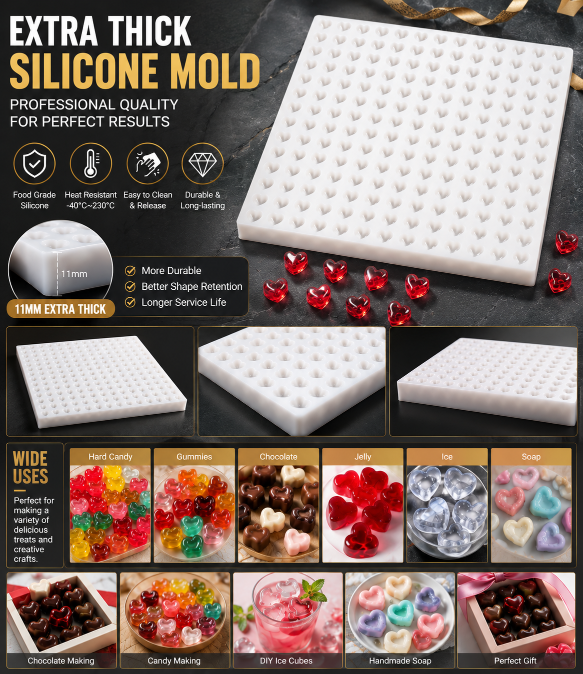 The whole tray multi-cavity mini heart silicone mold is a high-efficiency tool for home bakers, small dessert studios and handmade craft creators, especially suitable for Valentine's Day, wedding favors, Mother's Day and holiday gift box orders.