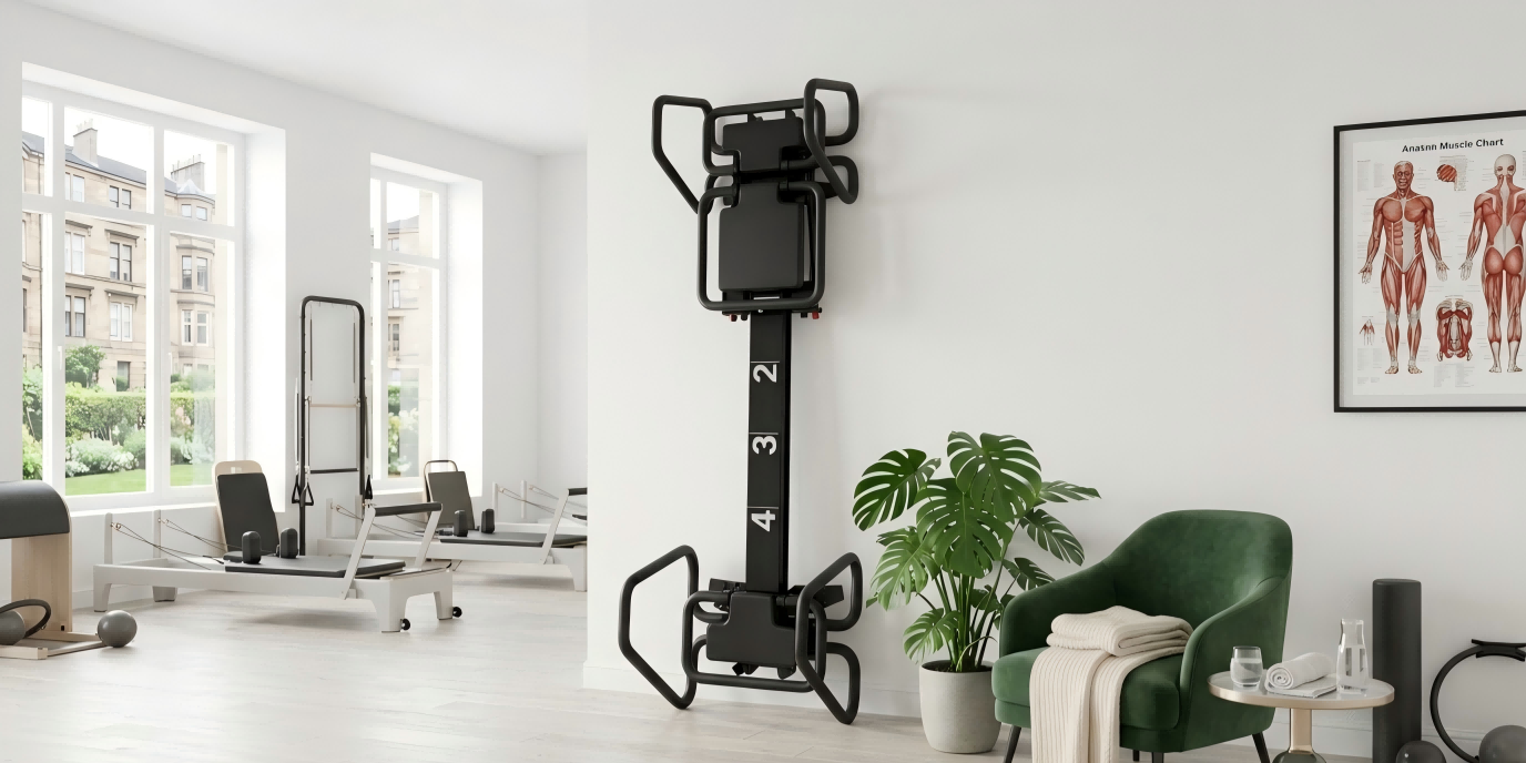 Space-saving vertical storage pilates reformer in a living room