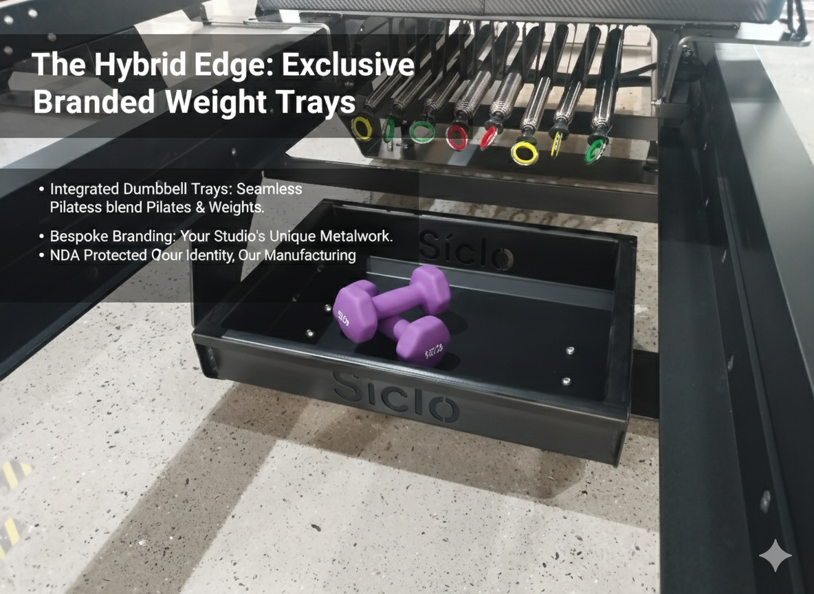 Custom branded dumbbell tray on YX Megaformer for hybrid pilates and strength training