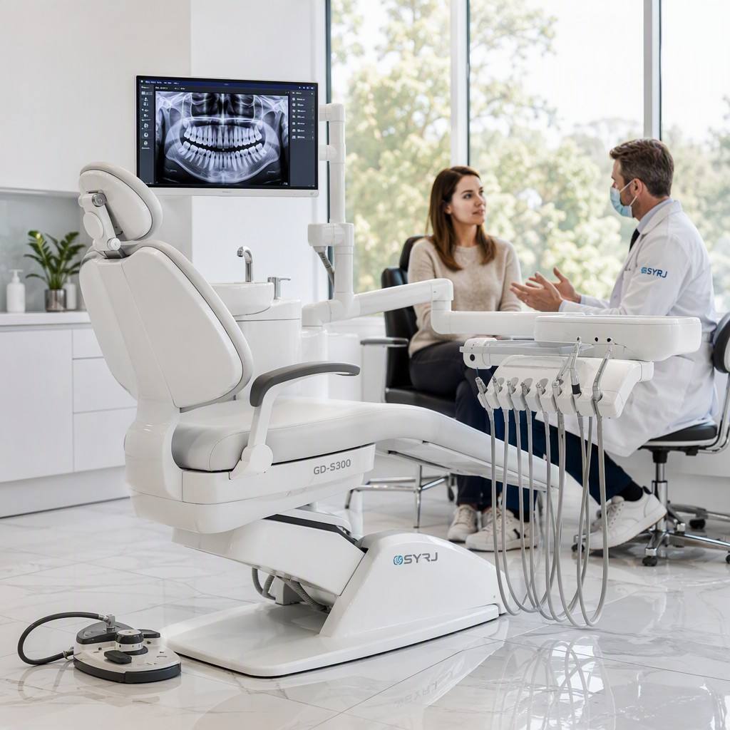 Technical evaluation of SYRJ Medical gds 300 digital integration dental chair featuring UDB ports and AI-ready architecture for modern turnkey clinic solutions.