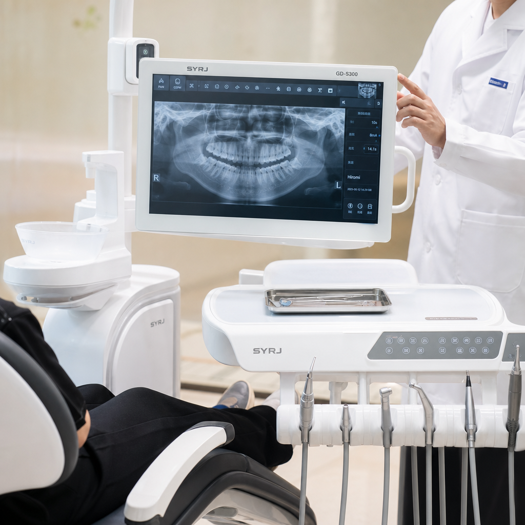 syrj-gds300-buying-guide-close-up.jpg: Close-up of SYRJ GD-S300 dental unit with integrated surgical monitor showing real patient diagnostic scans in a high-end clinic.