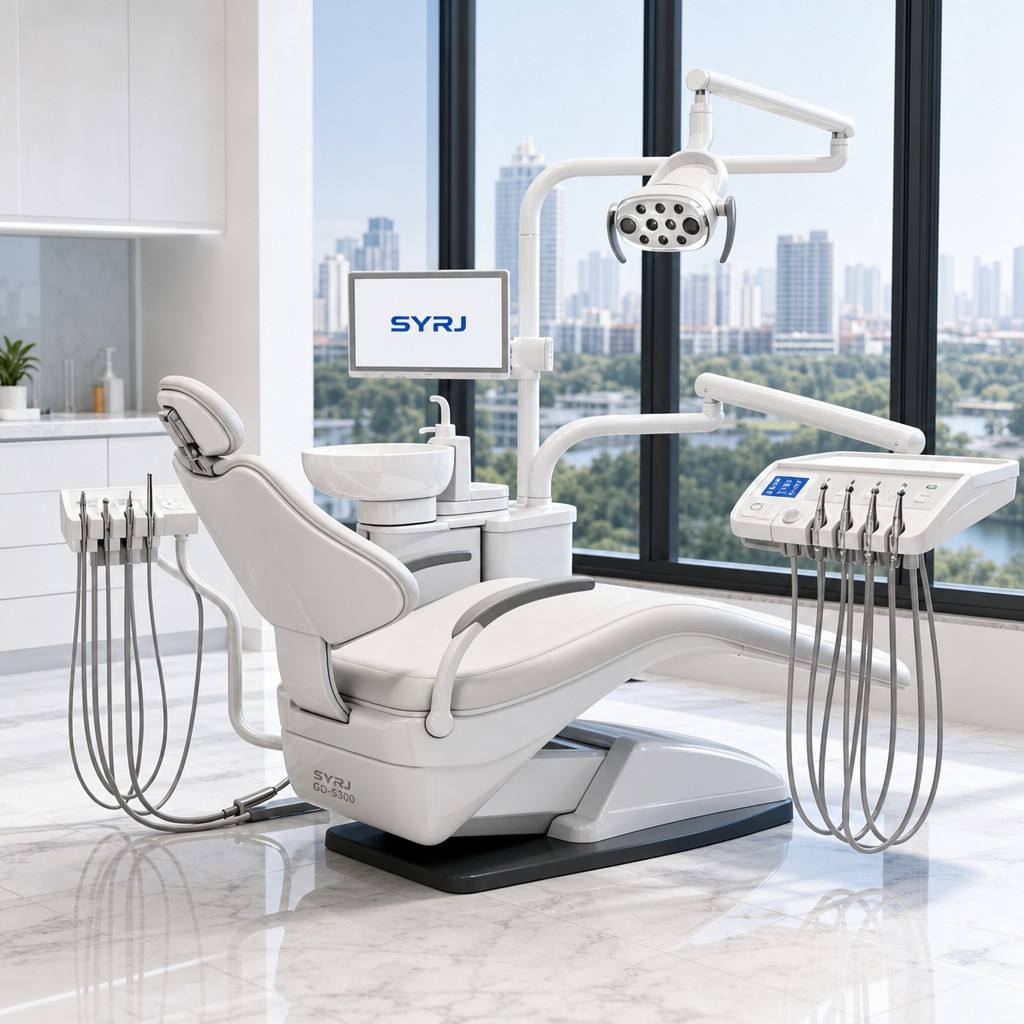 syrj-gds300-realistic-brand-benchmark.jpg: Realistic photography of SYRJ-medical GD-S300 dental chair in a bright, modern clinical setting for high ROI practices.