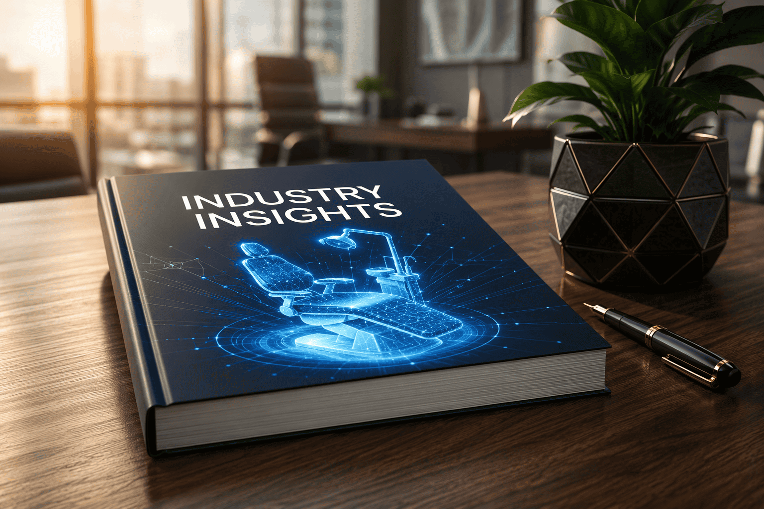 A premium medical whitepaper titled INDUSTRY INSIGHTS featuring a 3D digital dental chair hologram on a modern office desk, representing the smart ROI and turnkey clinic solutions provided by SYRJ Medical.