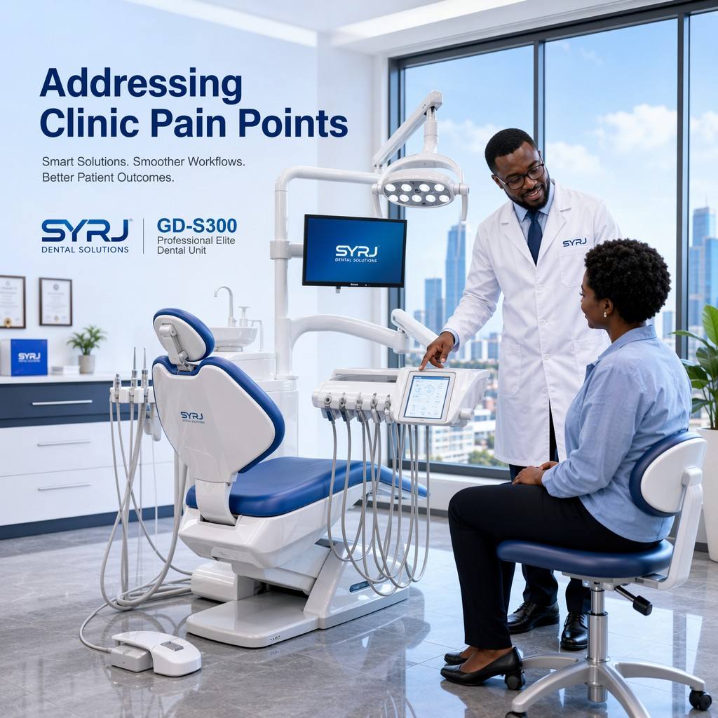 SYRJ GD-S300 Professional Elite dental chair featuring a smart digital console in a modern African clinic, demonstrating integrated turnkey solutions for dental operatory integration.