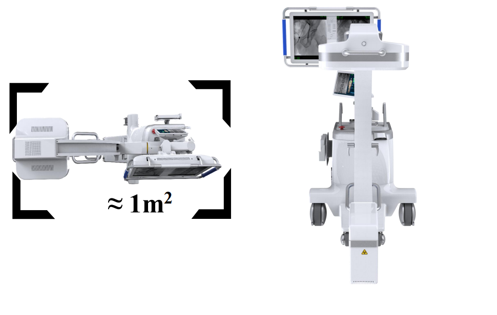 Detailed view and dimensions of the fluoroscopy c arm.