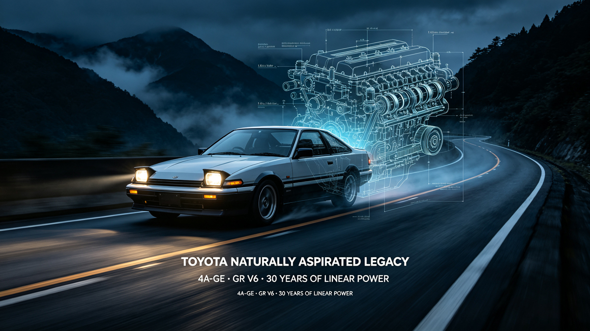 Toyota AE86 and GR V6 naturally aspirated engine 30-year legacy automotive artwork