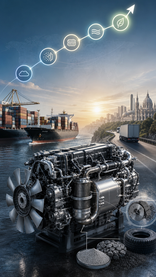 Euro 7 compliant engine with cargo shipping routes connecting Chinese manufacturers to Europe