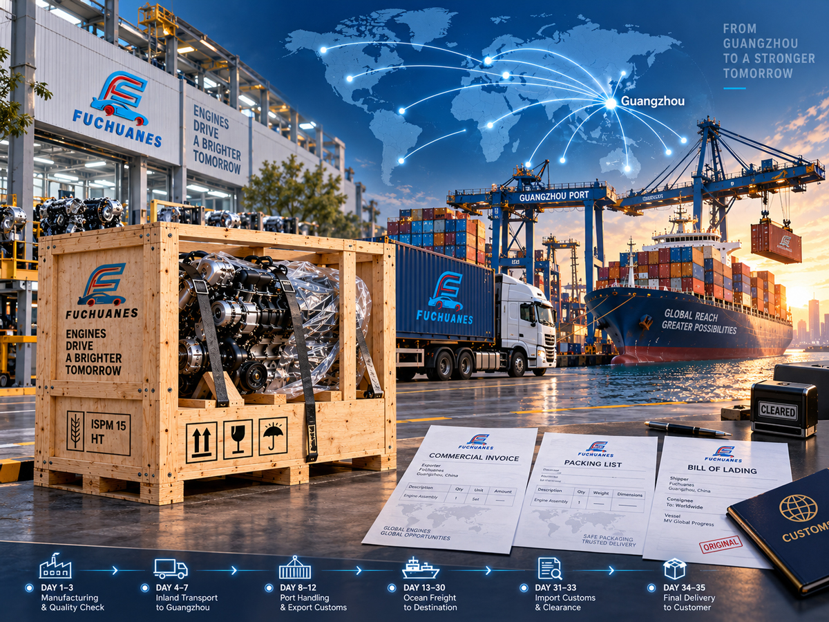 35-day engine export logistics process from Guangzhou factory through customs and ocean freight to destination