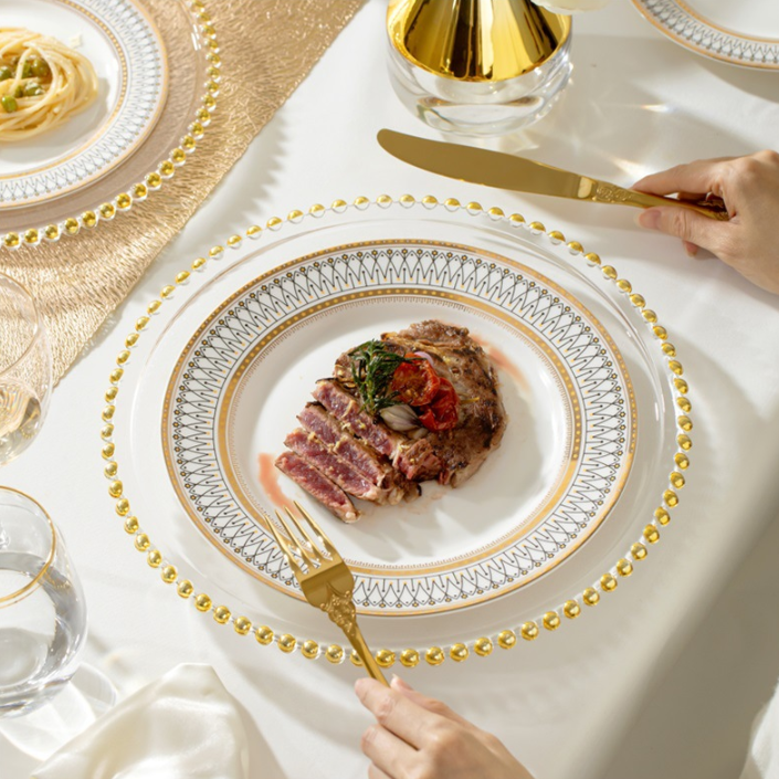 clear plastic chargers with gold trim