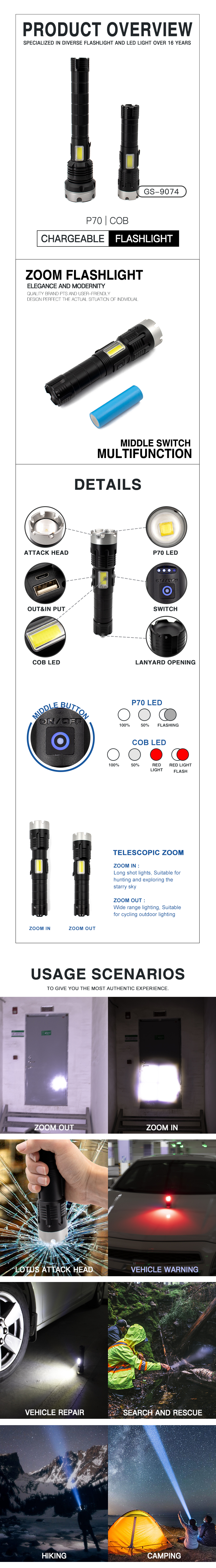 COB LED Tactical Flashlight