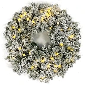 Vorbeleuchteter beflockter Weihnachtskranz mit warmweißen LED-Lichtern und schneebedeckten Tannennadeln. Dieser künstliche Winterkranz verleiht Haustüren, Kaminsimsen und festlichen Innendekorationen einen gemütlichen, festlichen Charme