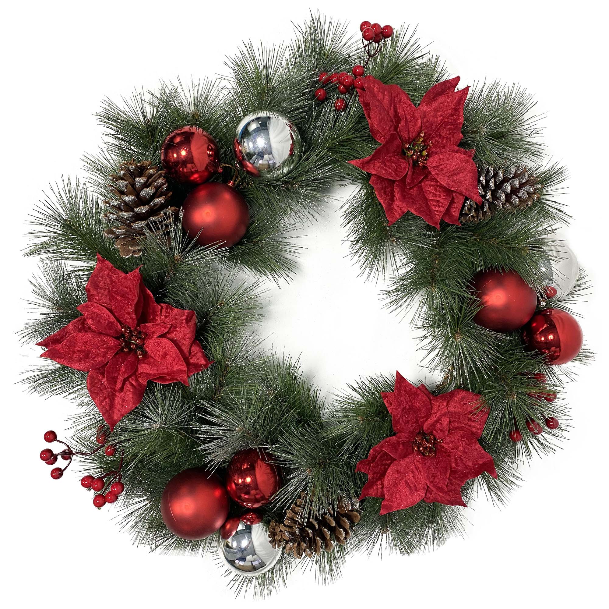 Kaufen Sie 55 cm trendiger Baum-künstlicher Weihnachtskranz. Umweltfreundliches grünes PVC mit roten Weihnachtssternen und Ornamenten. Langlebige Türdekoration für den Urlaub. Großhandel 300 Stück.