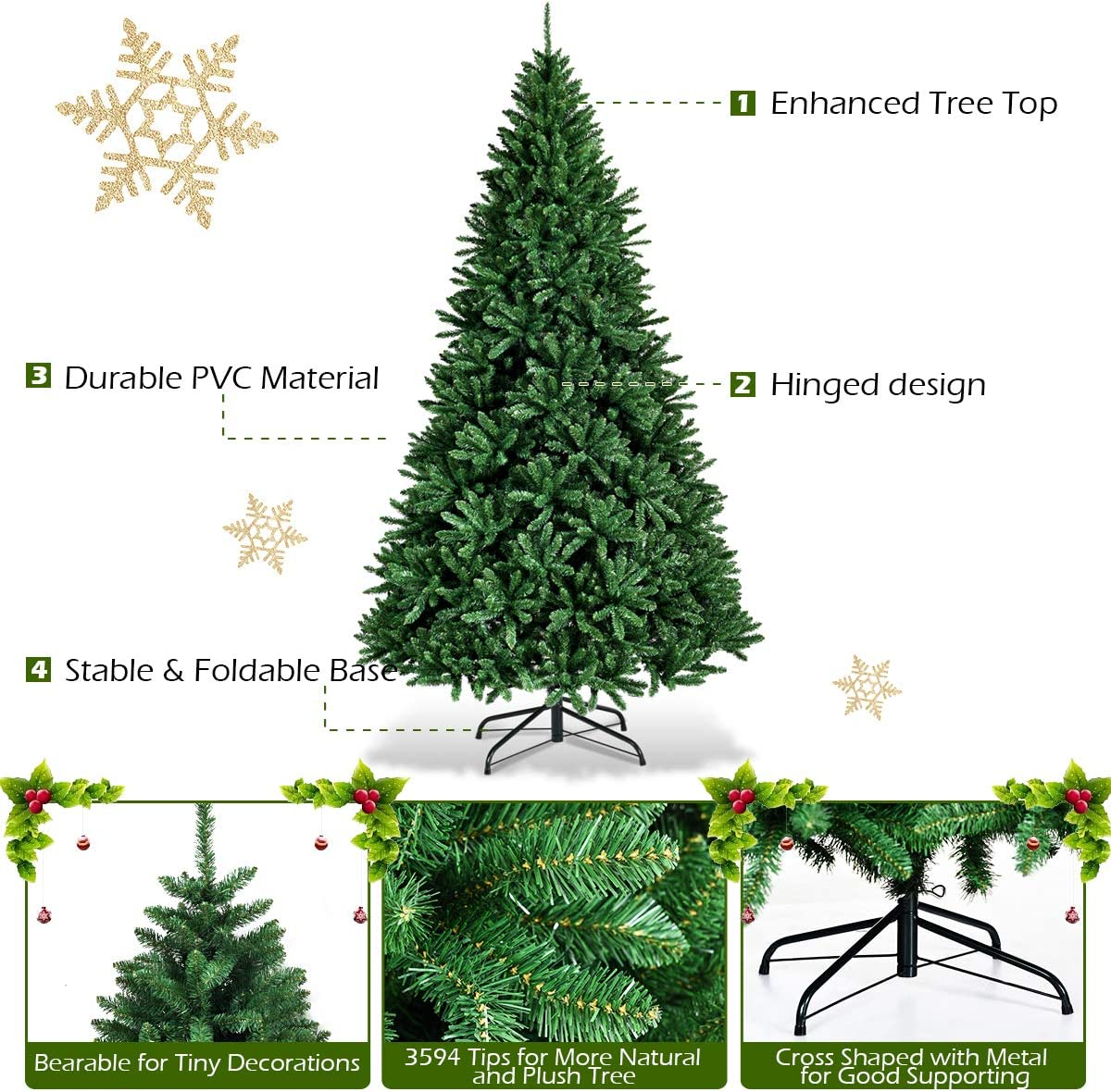 270 cm großer künstlicher Weihnachtsbaum, PVC, grüne Weihnachtsdekoration mit Metallständer. Ideal für Weihnachtsfeiern, Zuhause, Schlafzimmerdekoration. Aufklappbare Struktur, volle Äste, langlebig und wiederverwendbar. Perfekte festliche Innendekoration.