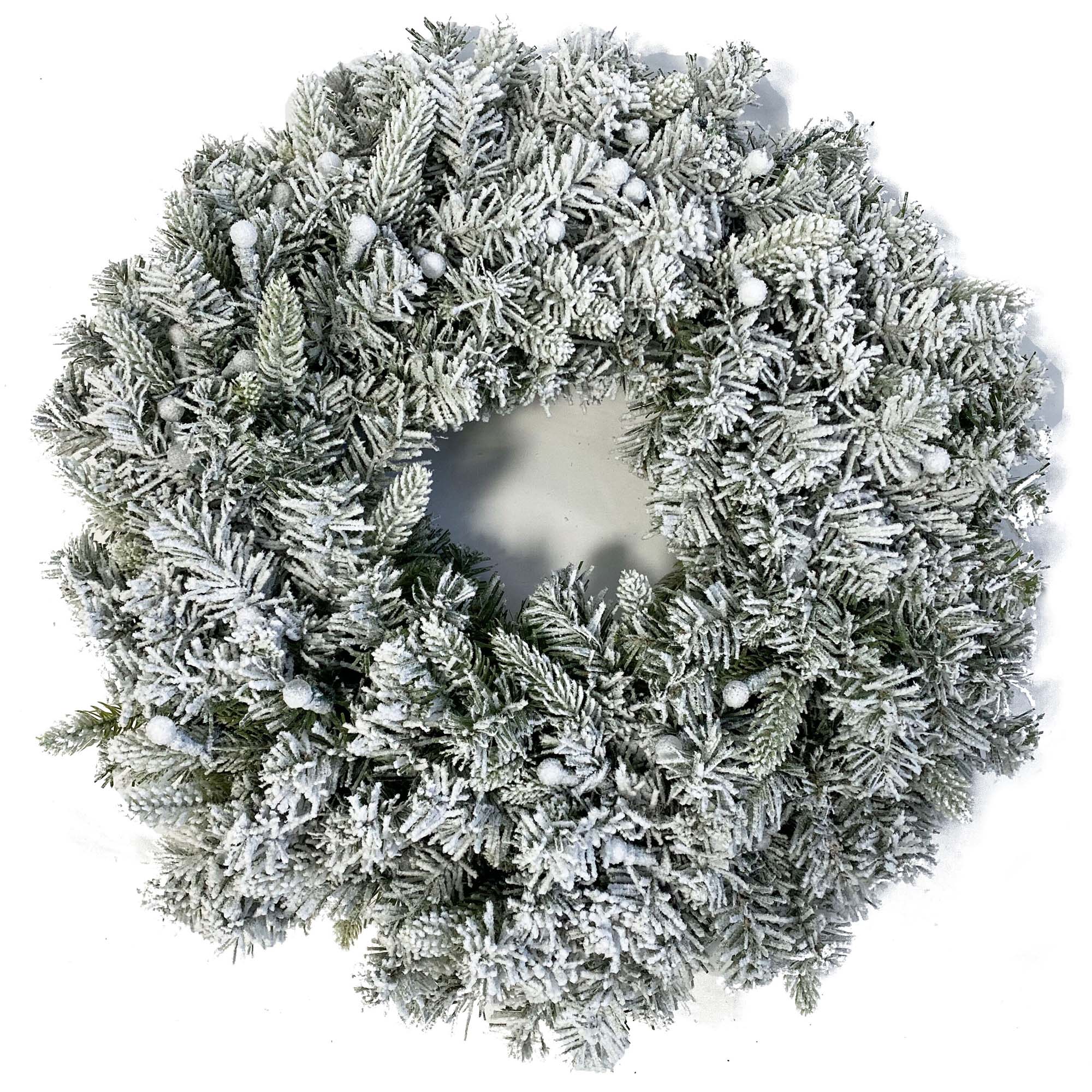 Pre lit flocked Christmas wreath with warm white LED lights and snow covered pine needles. This artificial winter wreath adds cozy festive charm to front doors, mantels, and indoor holiday decorations