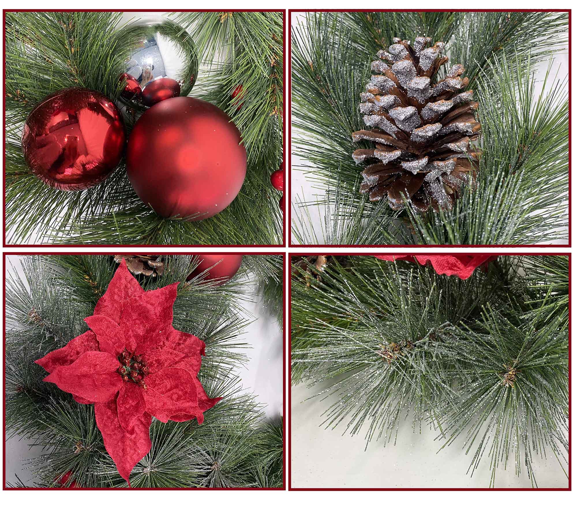 Kaufen Sie 55 cm trendiger Baum-künstlicher Weihnachtskranz. Umweltfreundliches grünes PVC mit roten Weihnachtssternen und Ornamenten. Langlebige Türdekoration für den Urlaub. Großhandel 300 Stück.