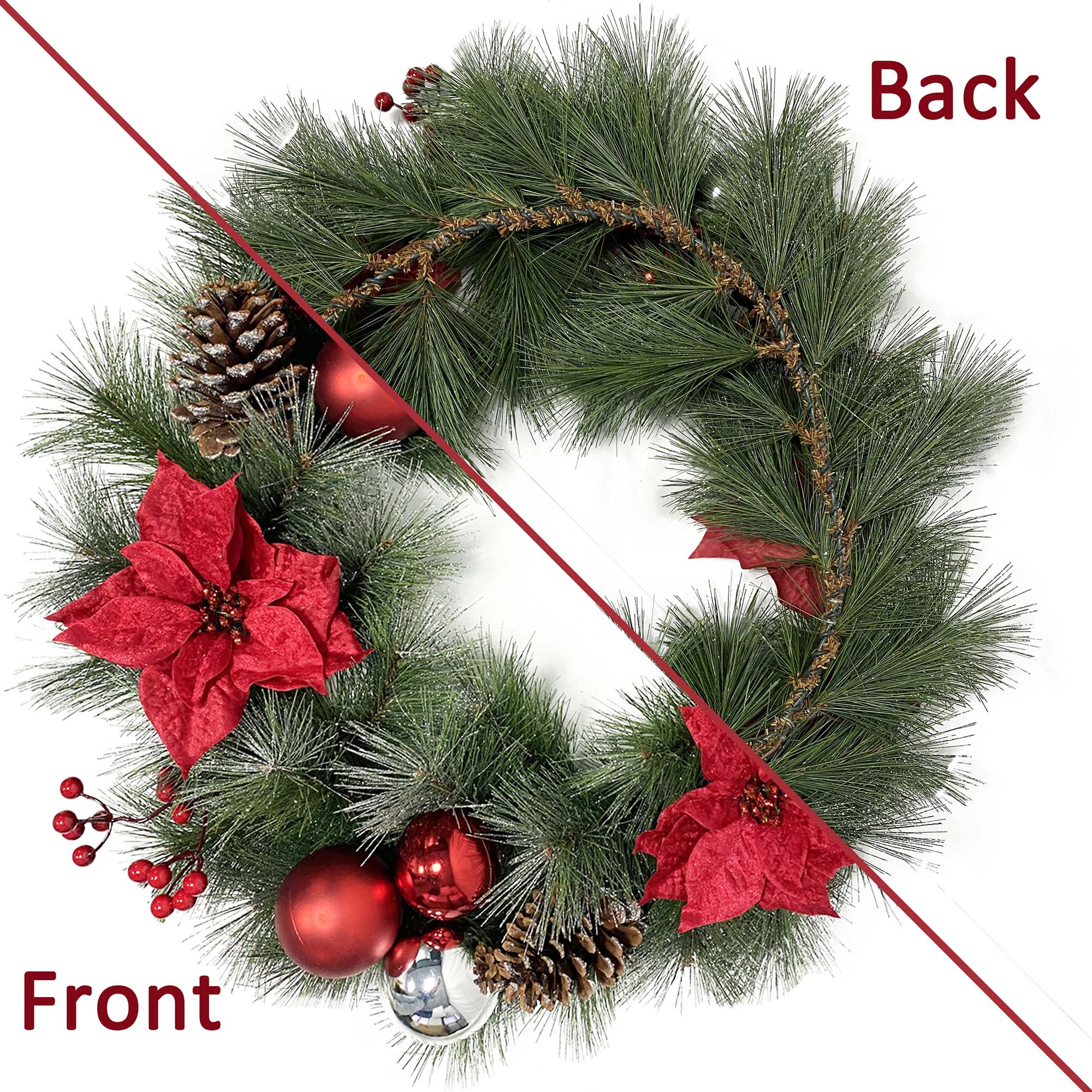 Kaufen Sie 55 cm trendiger Baum-künstlicher Weihnachtskranz. Umweltfreundliches grünes PVC mit roten Weihnachtssternen und Ornamenten. Langlebige Türdekoration für den Urlaub. Großhandel 300 Stück.
