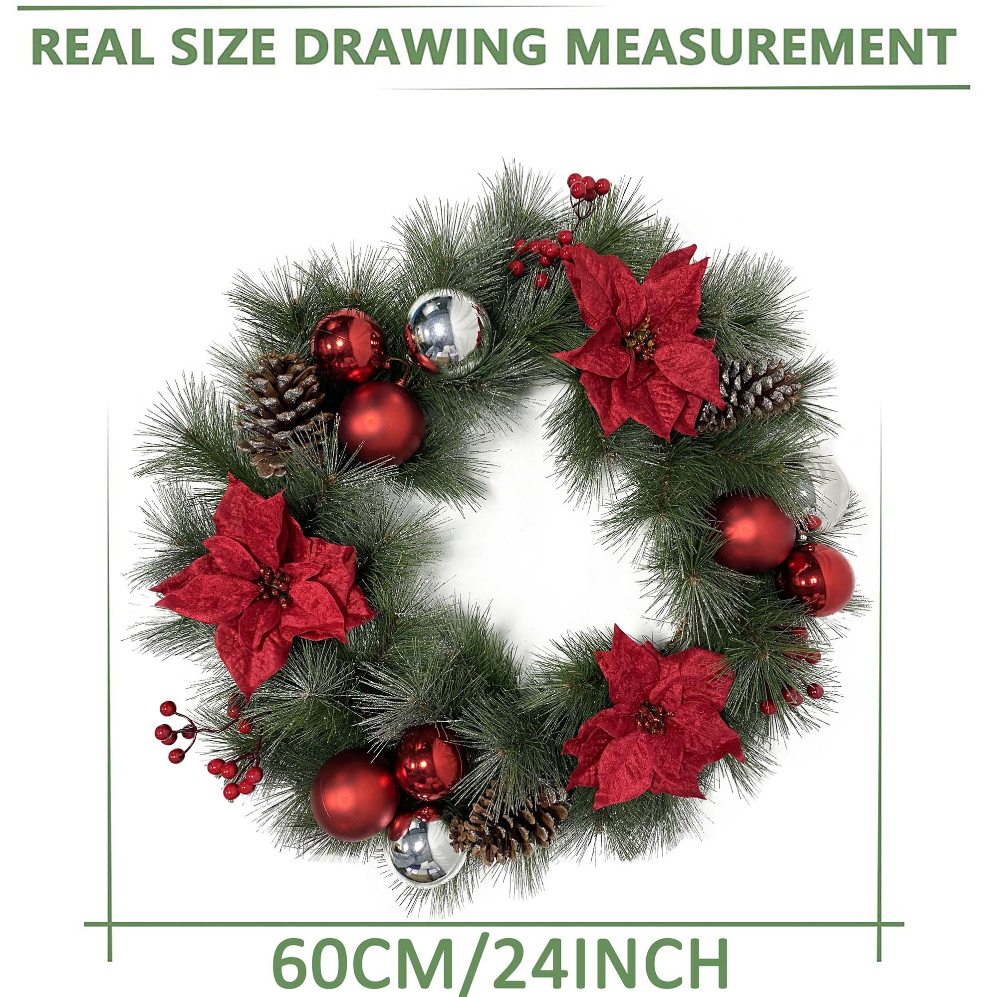 Kaufen Sie 55 cm trendiger Baum-künstlicher Weihnachtskranz. Umweltfreundliches grünes PVC mit roten Weihnachtssternen und Ornamenten. Langlebige Türdekoration für den Urlaub. Großhandel 300 Stück.