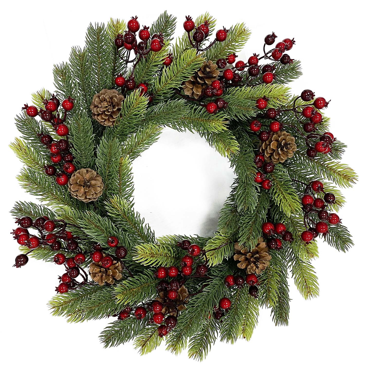 Kaufen Sie hochwertige künstliche Weihnachtskränze mit Beeren und Tannenzapfen. Perfekt für professionelle festliche Tür- und Wanddekoration.