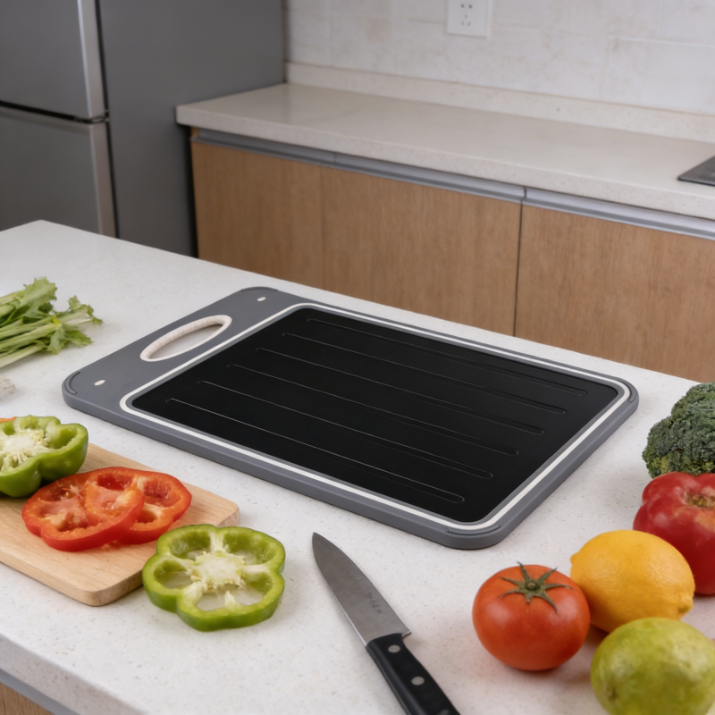 Two-tone kitchen cutting board with a black grooved surface, gray border, and ergonomic handle, placed on a countertop alongside fresh vegetables and a knife in a modern kitchen.