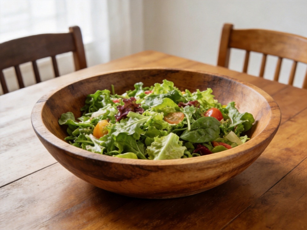 Large wooden salad bowl filled with fresh green salad on dining table