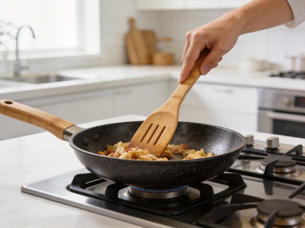 Bamboo spatula used with non-stick cookware in modern kitchen cooking