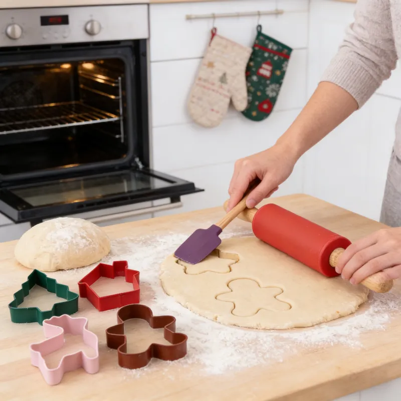 A person rolling cookie dough and lifting a shaped cookie with a purple spatula on a floured wooden counter, surrounded by colorful Christmas-themed cookie cutters (tree, house, reindeer, gingerbread man), a red rolling pin, a dough ball, and an oven with festive oven mitts in the background.