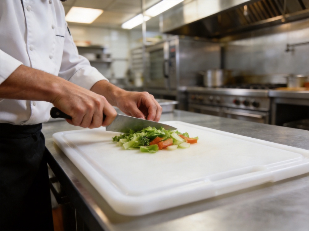 Large white plastic cutting board used in commercial kitchen food preparation