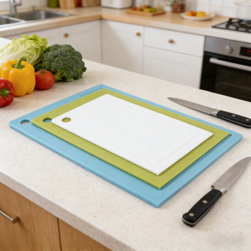 Three-piece color-coded kitchen cutting board set (blue, green, white) with hanging holes, stacked on a light-colored kitchen countertop alongside knives and fresh vegetables in a bright modern kitchen.