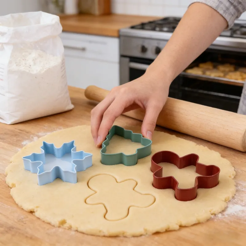 Three colorful cookie cutters (tree, snowflake, gingerbread man) being used to cut shapes from rolled cookie dough on a wooden kitchen counter, with flour, rolling pin, and oven in the background.