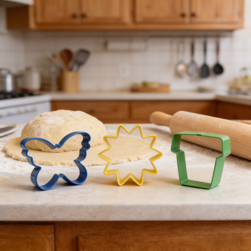 Kitlucy 3-piece colorful cookie cutter set (potted plant, sunflower, flower pot shapes) on retail packaging, designed for fun family baking and decorative cookie making.