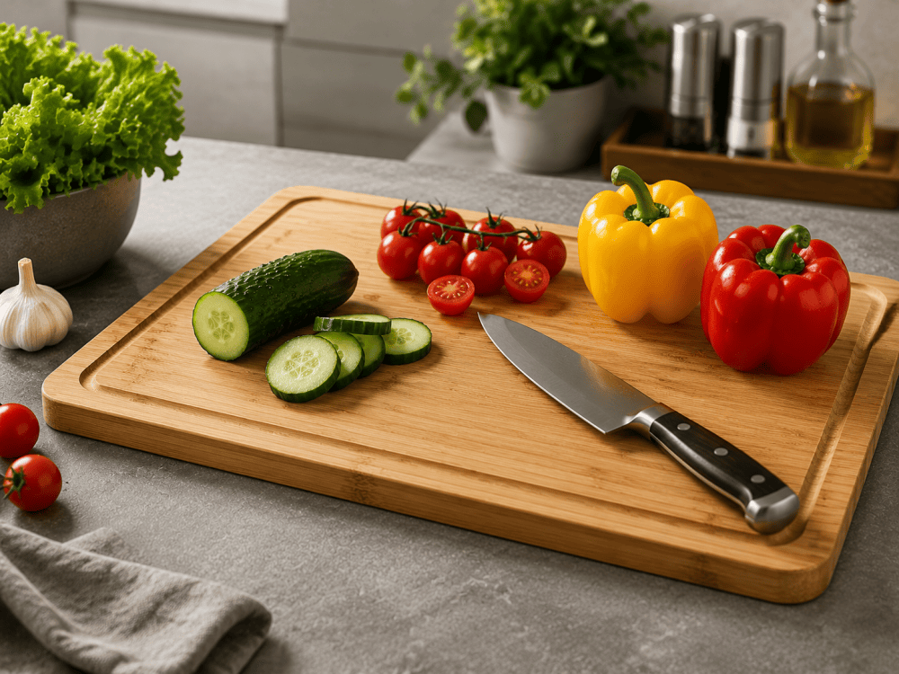 Bamboo cutting board with vegetables and kitchen knife
