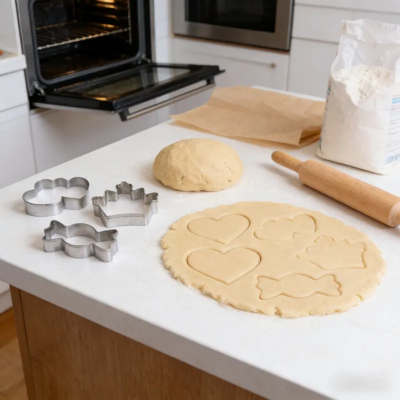 Stainless steel cookie cutters (cloud-heart, crown, candy shapes) placed on a white kitchen counter alongside rolled cookie dough, a ball of dough, rolling pin, flour bag, and an open oven in the background.