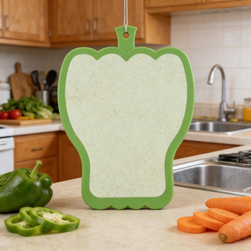 Green bell pepper-shaped kitchen cutting board with a bright green border and wheat-straw surface, featuring a stem-style hanging hole, displayed hanging in a cozy kitchen with fresh green peppers and sliced carrots on the countertop.