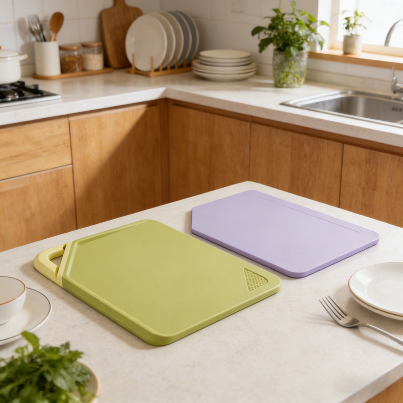 Two-color (green and purple) kitchen cutting boards displayed on a light-colored countertop in a modern kitchen setting, showcasing their design and functionality for food preparation.
