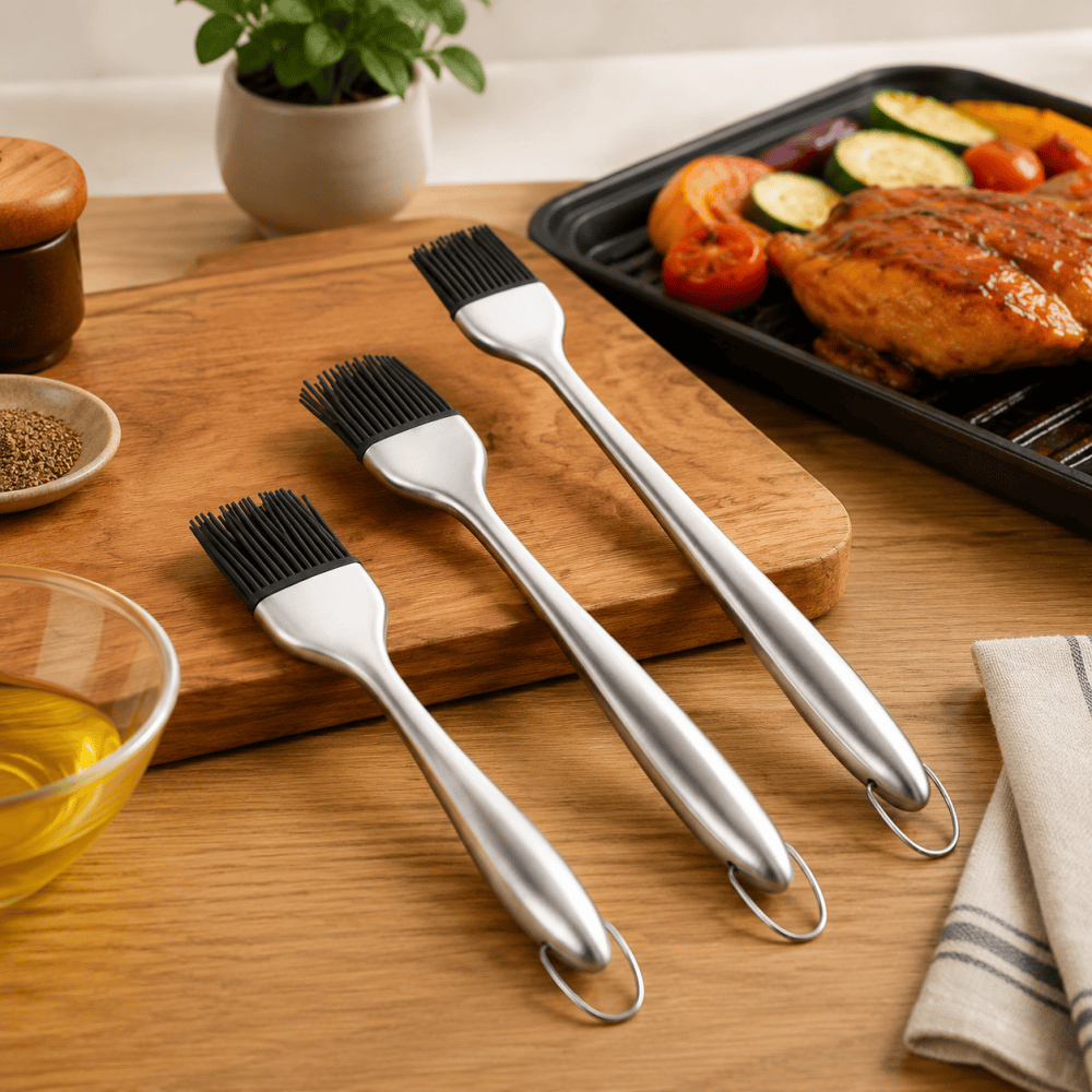 3 piece slicone basting brush set with stainless steel handles and black slicone brush heads for BBQ griling baking and pastry