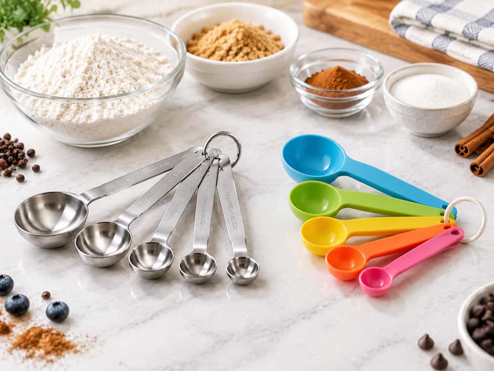 Stainless steel and plastic measuring spoons compared for baking and cooking