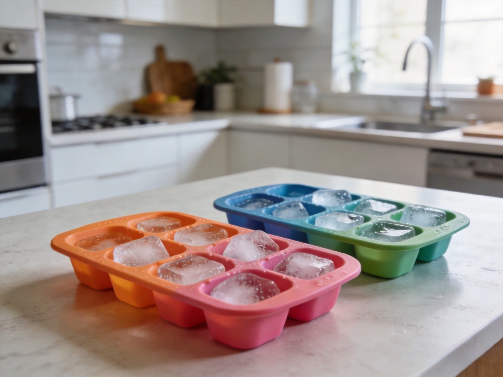 Silicone baking mold used as an alternative ice cube tray in home kitchen