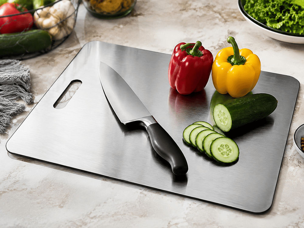 stainless steel cutting board with kitchen knife and vegetables