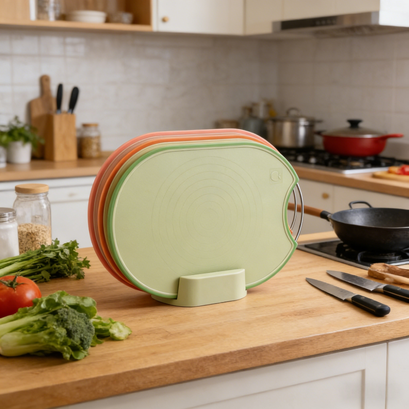 Three-piece color-coded oval cutting board set (light green, green, orange) with a matching stand, displayed on a wooden kitchen countertop alongside fresh vegetables and knives in a warm, modern kitchen.