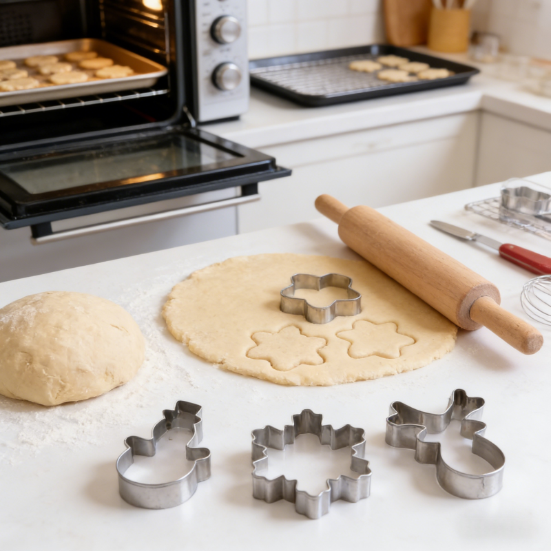 Three stainless steel winter-themed cookie cutters (snowman, snowflake, reindeer head) placed on a white kitchen counter alongside rolled cookie dough, a dough ball, rolling pin, and baking trays with cookies in an open oven in the background.