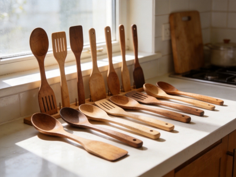 Wooden kitchen utensils drying naturally on kitchen counter after cleaning