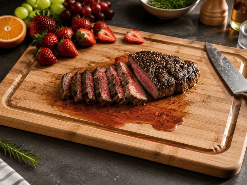 Wooden cutting board with juice groove collecting meat and fruit juices during food preparation